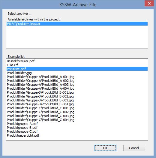 Dialog Window for selection of a file from a KSSW archive